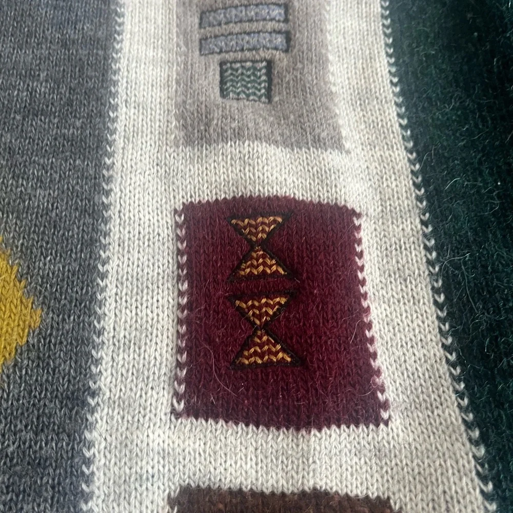 Vintage Ecelctic grandpa crewneck sweater geometric shapes blue and green base L - Picture 4 of 7